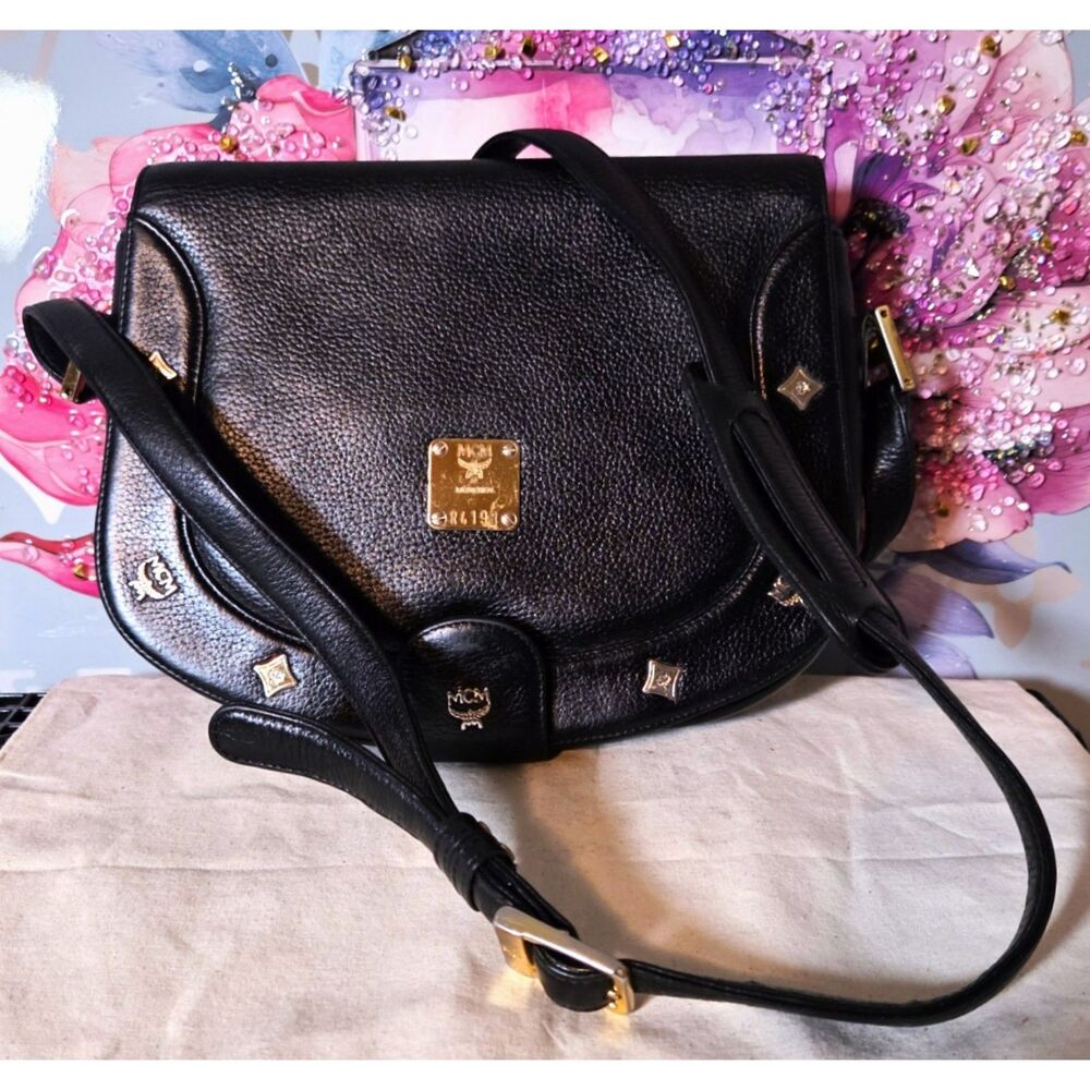 MCM Black Pebbled Leather Studded Flap Shoulder/Crossbody Bag